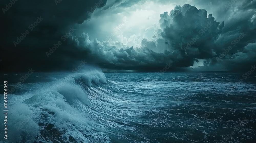 Obraz premium Dramatic Stormy Ocean Waves Under Dark Clouds and Mysterious Sky