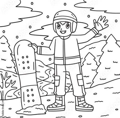 Snowboarding Boy Holding a Snowboard Coloring Page