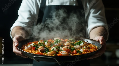 A male chef presenting a steaming plate of shrimp paella, showcasing vibrant colors and textures.