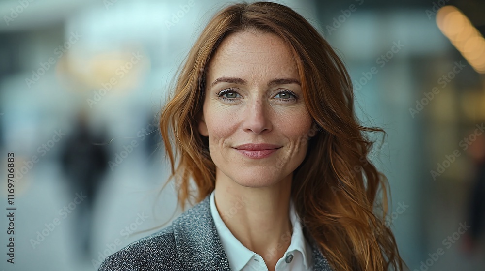 Portrait of a smiling, middle-aged woman with auburn hair and blue eyes, wearing a gray blazer and white shirt. Portrait of a smiling, middle-aged woman with auburn hair and blue eyes, wearing a gray blazer and white shirt.