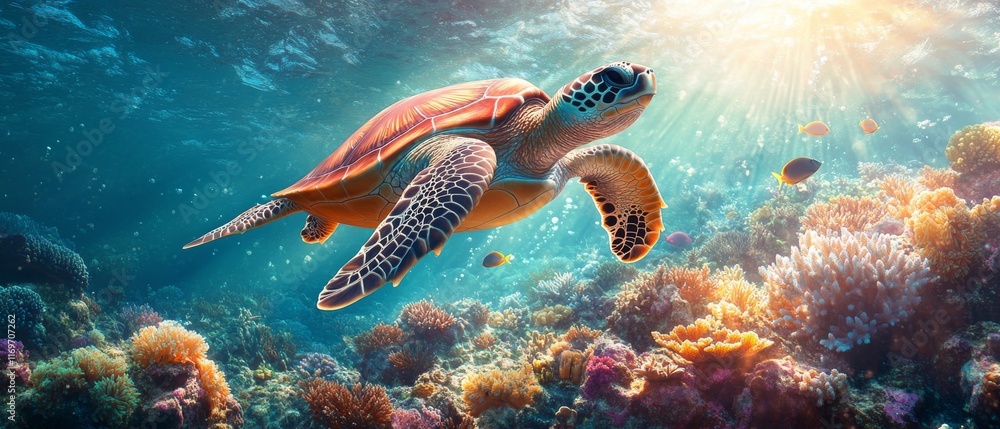 Fototapeta premium Turtle Underwater with Coral Landscape