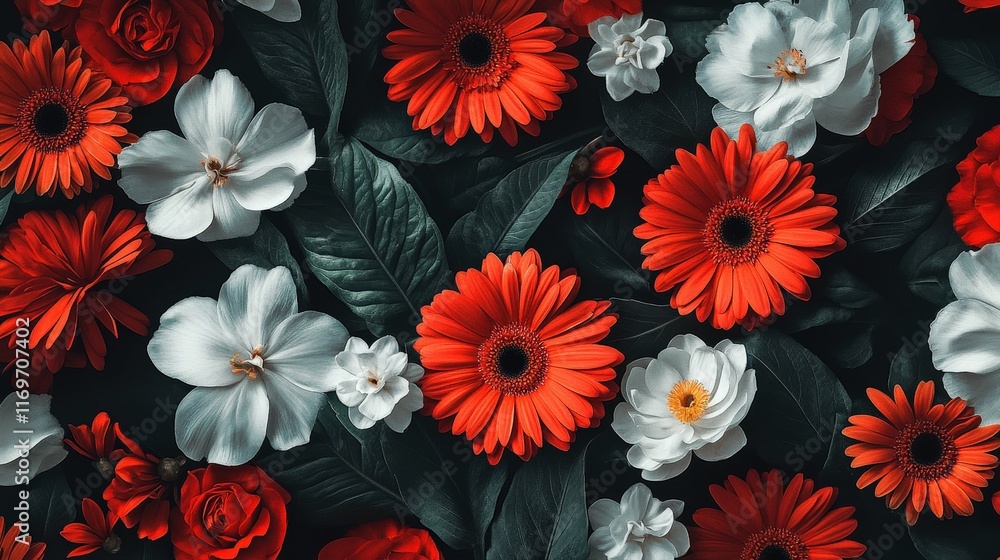 Lush floral pattern featuring coral gerbera daisies and white gardenias, densely packed with intricate details, soft shadows and vibrant highlights, minimalist artistic design Lush floral pattern featuring coral gerbera daisies and white gardenias, densely packed with intricate details, soft shadows and vibrant highlights, minimalist artistic design