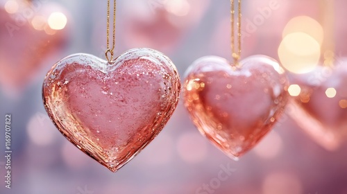 Hanging Frosted Heart Ornaments Sparkling in a Romantic Pink Glow