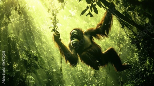 Orangutan hanging from vines in a tropical rainforest, sunlight filtering through dense leaves, lively and wild atmosphere, photo