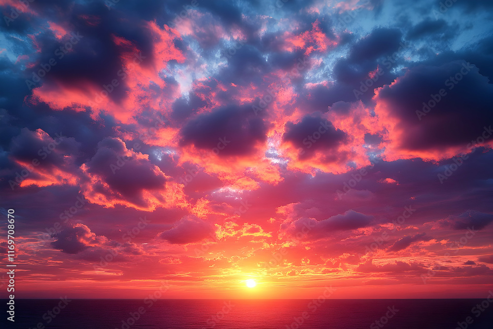 Fototapeta premium Vibrant sunset over calm ocean with colorful clouds.