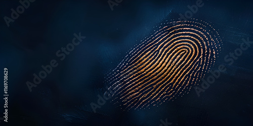 Golden fingerprint on dark background, Biometric fingerprint design with abstract lighting  
