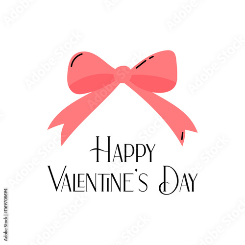 Cute Valentines Day card. Pink bow on square white background. February 14 romantic vector illustration. Happy Valentine greeting card simple design