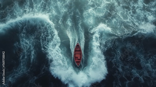 Towering waves crashing violently, a small boat lost in the chaos, representing fear of large bodies of water