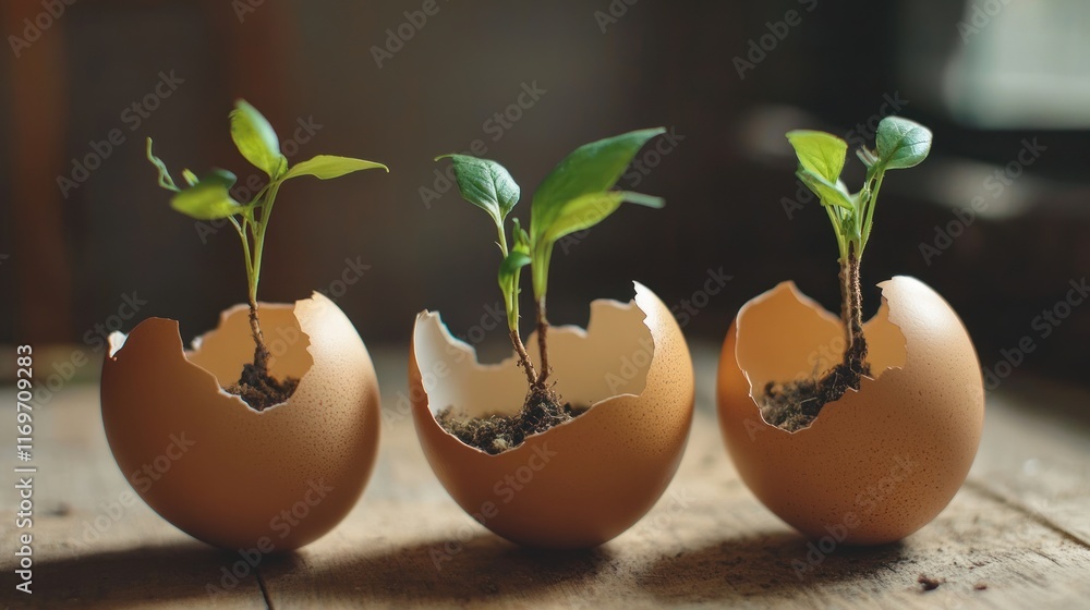 Three Saplings in Eggshells: A Symbol of New Life and Growth Three Saplings in Eggshells: A Symbol of New Life and Growth