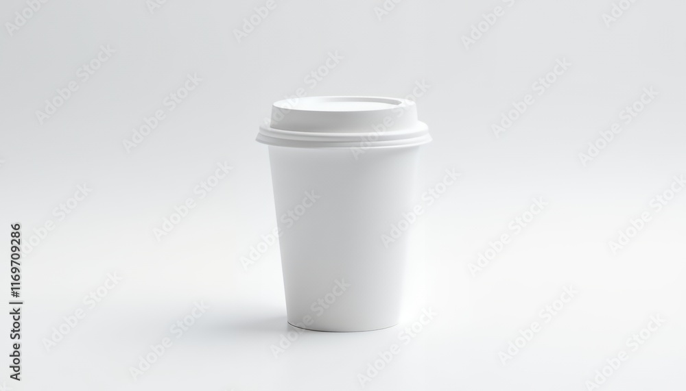 A Single White Disposable Coffee Cup with Lid Against a Clean White Background, Perfect for Mockups and Branding A Single White Disposable Coffee Cup with Lid Against a Clean White Background, Perfect for Mockups and Branding