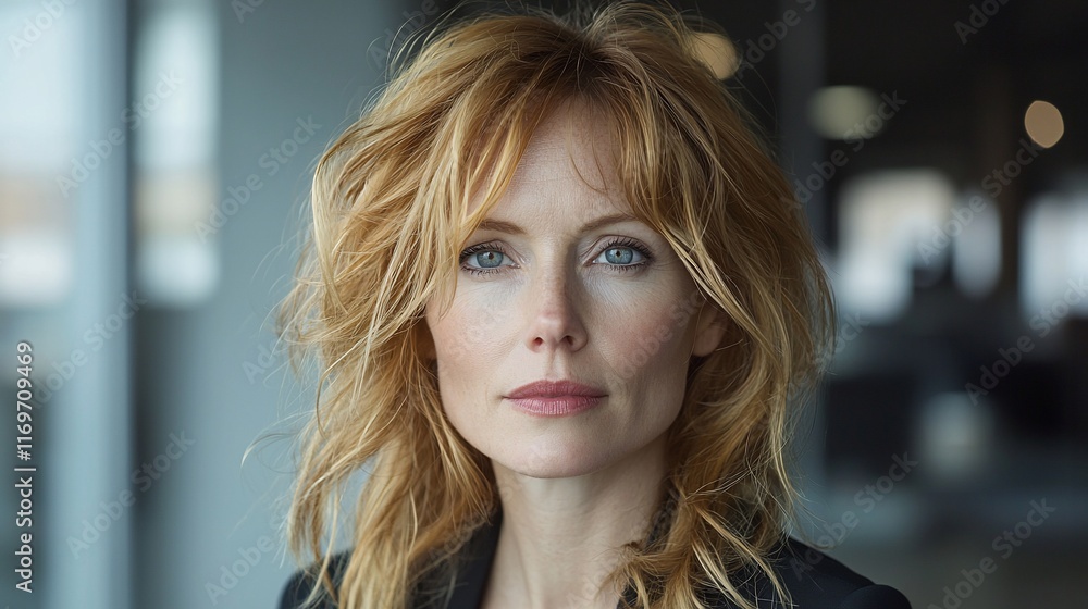 Close-up portrait of a woman with wavy blonde hair and blue eyes. Close-up portrait of a woman with wavy blonde hair and blue eyes.