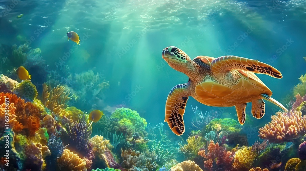 Obraz premium Sea turtle swimming near a coral reef, vibrant marine life in the background, clear turquoise water, serene and vibrant mood,