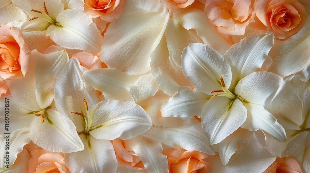 White lilies and peach colored roses closely packed to form a floral wall, detailed petals showcasing vivid textures, warm tones enhanced by soft natural lighting, minimalist composition White lilies and peach colored roses closely packed to form a floral wall, detailed petals showcasing vivid textures, warm tones enhanced by soft natural lighting, minimalist composition
