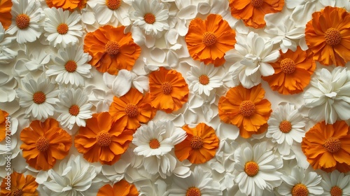 Overhead shot of a vibrant orange marigold and white daisy arrangement, petals forming a textured floral tapestry, bright warm colors, natural lighting for a lively feel photo