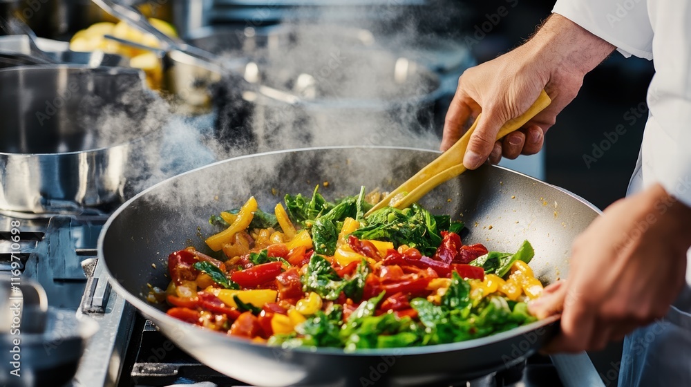 Chef preparing a delicious bibimbap in a wok pan Chef preparing a delicious bibimbap in a wok pan