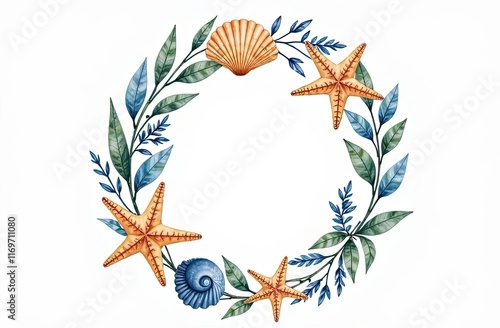 Coastal wreath design featuring shells and starfish with green leaves photo