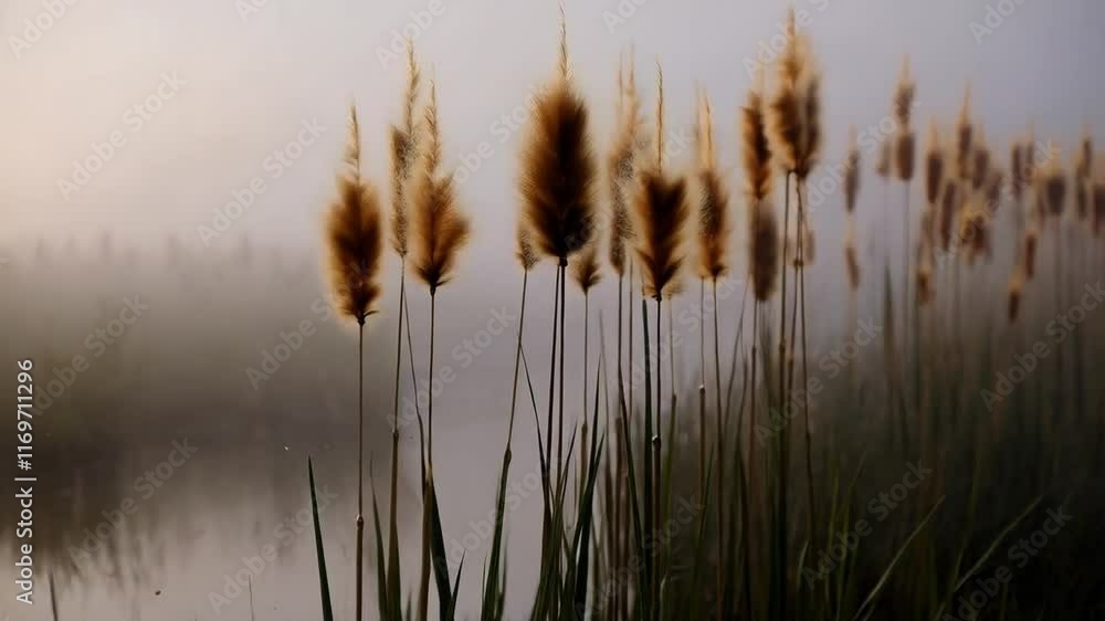 Morning Mist Gently Envelops Tranquil Wetlands as Reeds Sway Softly in the Breeze Morning Mist Gently Envelops Tranquil Wetlands as Reeds Sway Softly in the Breeze