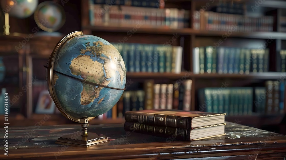 A realistic photo of a globe sitting on a wooden desk next to books. A realistic photo of a globe sitting on a wooden desk next to books.
