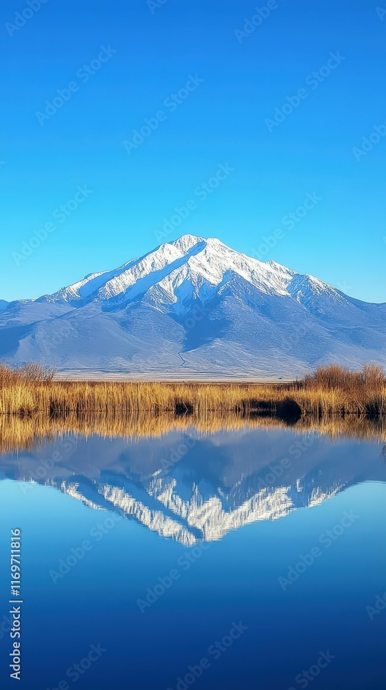 Majestic mountain landscape with a clear blue sky, snow capped peaks, and a calm lake reflecting the scenery,