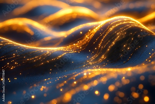 Abstract glowing golden particles flowing over dark blue surface.