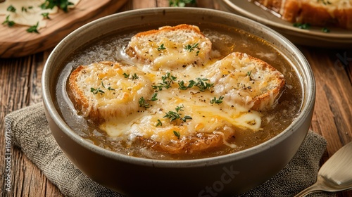 Warm bowl French onion soup with melted cheese, served on a wooden table