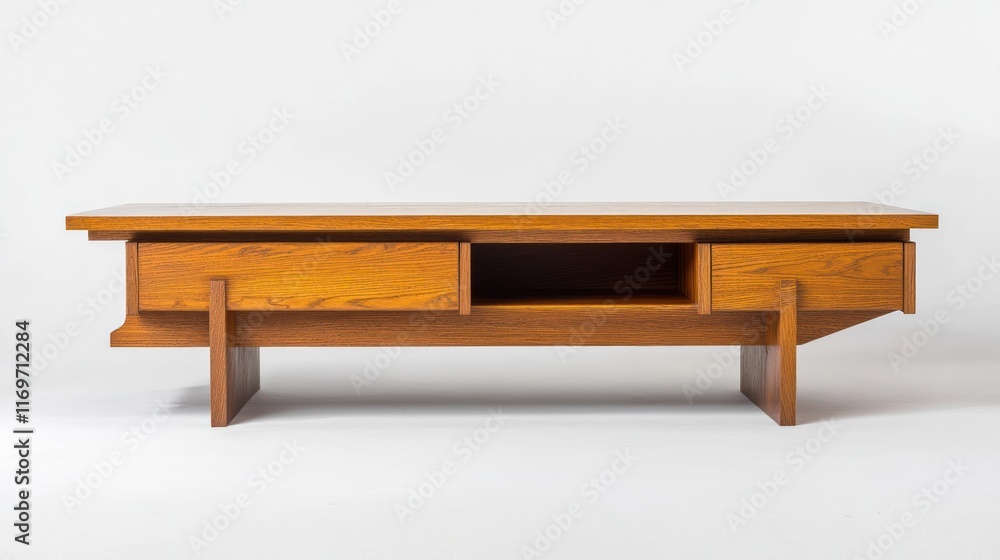 Mid-century modern wood console table, open drawers, white background, home decor. Mid-century modern wood console table, open drawers, white background, home decor.