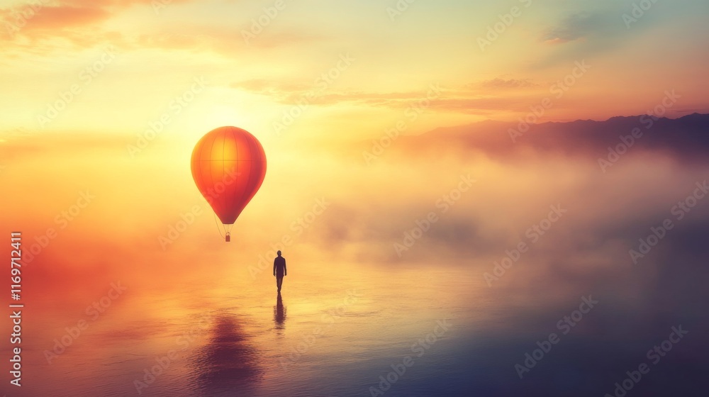 Serene Early Morning Scene of a Single Person Standing Alone by a Calm Lake with a Colorful Hot Air Balloon Rising into a Vibrant Sunrise Sky Serene Early Morning Scene of a Single Person Standing Alone by a Calm Lake with a Colorful Hot Air Balloon Rising into a Vibrant Sunrise Sky