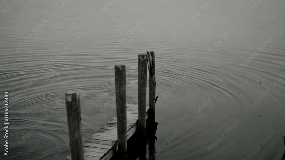 Calm Water Reflections During Foggy Morning at Serene Lake With Weathered Wooden Dock Calm Water Reflections During Foggy Morning at Serene Lake With Weathered Wooden Dock
