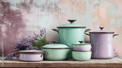 Wallpaper Mural A collection of vintage-style enamel cookware in pastel hues of lavender and mint green, arranged neatly on a rustic wooden table. The background features an abstract gradient of lilac and peach, evok Torontodigital.ca