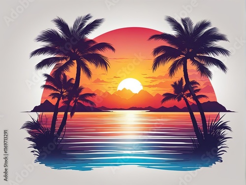 Breathtaking sunset over coastal waters, palm trees creating inviting atmosphere, colorful mountains enhancing tranquil scene, ideal for lifestyle and adventure themes, inspiring wanderlust.