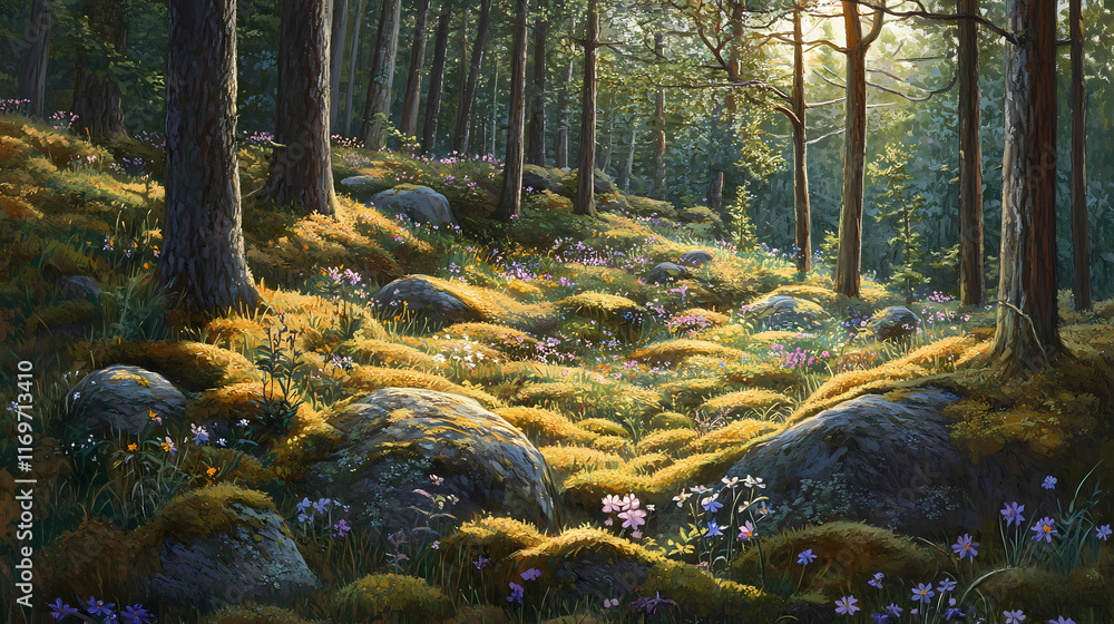 A detailed, close shot of a forest clearing with wildflowers, moss-covered rocks, and dappled sunlight. Dapplewood. Illustration A detailed, close shot of a forest clearing with wildflowers, moss-covered rocks, and dappled sunlight. Dapplewood. Illustration