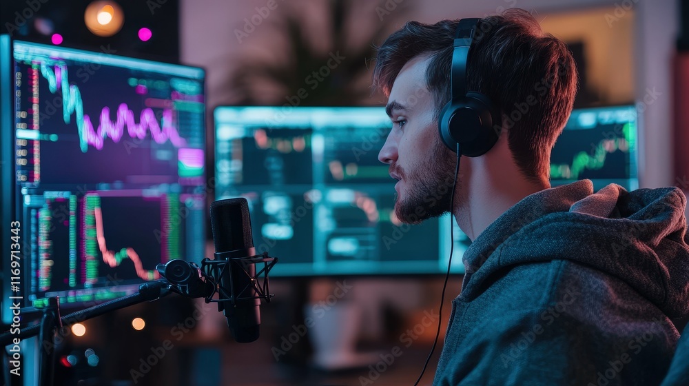 Professional trader wearing headphones, speaking into a microphone, multiple monitors with stock data in the background, soft indoor lighting, minimalistic style Professional trader wearing headphones, speaking into a microphone, multiple monitors with stock data in the background, soft indoor lighting, minimalistic style