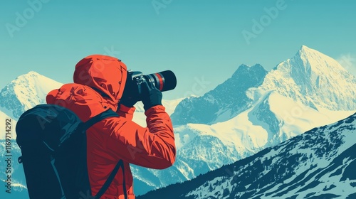 Man with a camera in the mountains, snowy peaks in the background, daylight, adventurous atmosphere, photo