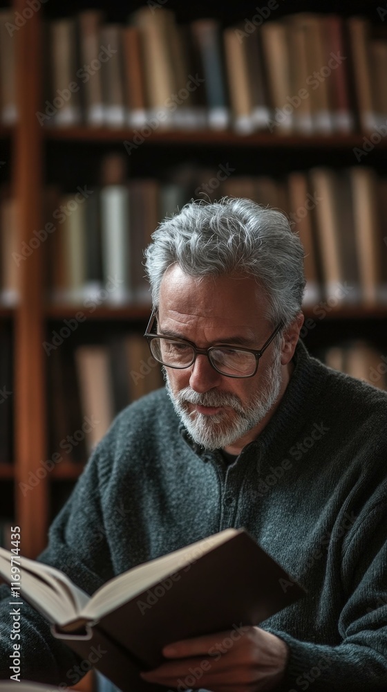 Senior man with gray hair wearing glasses reading a book in a library, surrounded by bookshelves, warm indoor lighting,