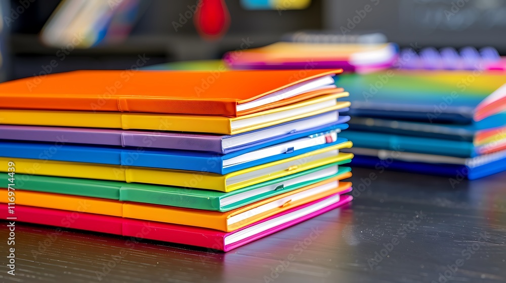 A row of vibrant notebooks stacked vertically on a teachera??s desk. A row of vibrant notebooks stacked vertically on a teachera??s desk.