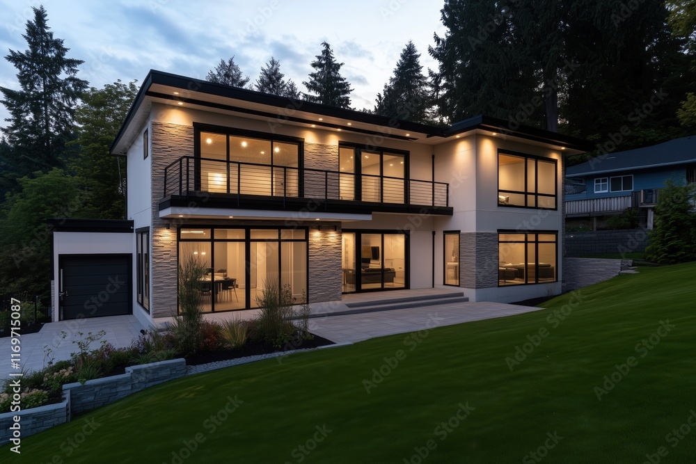 Contemporary luxury home with bright interior lighting and lush garden at twilight. Modern residential design. Contemporary luxury home with bright interior lighting and lush garden at twilight. Modern residential design.