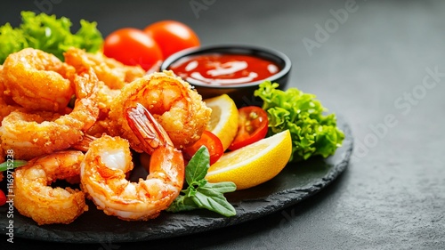 Delicious fried seafood platter with lemon and sauce seafood restaurant food dark background close-up view photo