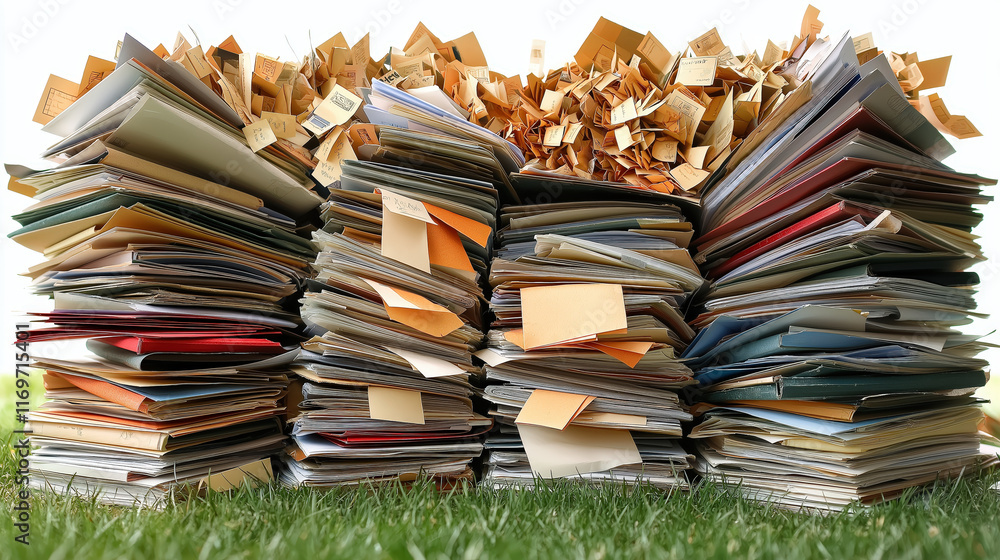 Obraz premium Stacks of colorful papers and notes organized in piles on grass