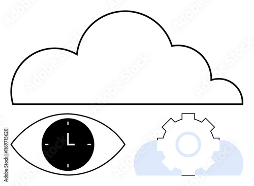 Cloud outline above an eye with a clock and gear symbol, blending technology, productivity, and automation. Ideal for innovation, efficiency, time, cloud services, tech analytics abstract line flat