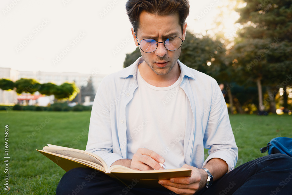 A young man wearing glasses reads a book while sitting on the grass in a park. The serene outdoor setting and his thoughtful expression convey focus and relaxation on a sunny day. A young man wearing glasses reads a book while sitting on the grass in a park. The serene outdoor setting and his thoughtful expression convey focus and relaxation on a sunny day.