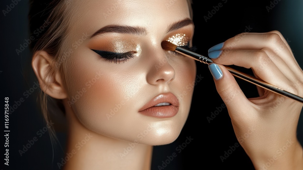 Makeup artist applying golden eyeshadow on beautiful woman Makeup artist applying golden eyeshadow on beautiful woman