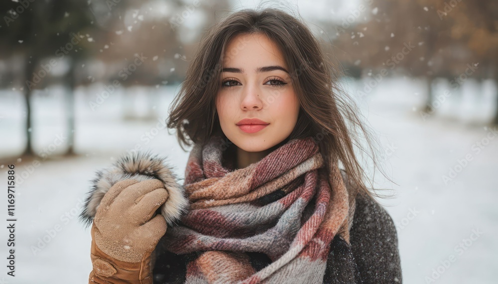 Woman with a cozy scarf and fur-lined gloves, standing in a snowy park Woman with a cozy scarf and fur-lined gloves, standing in a snowy park