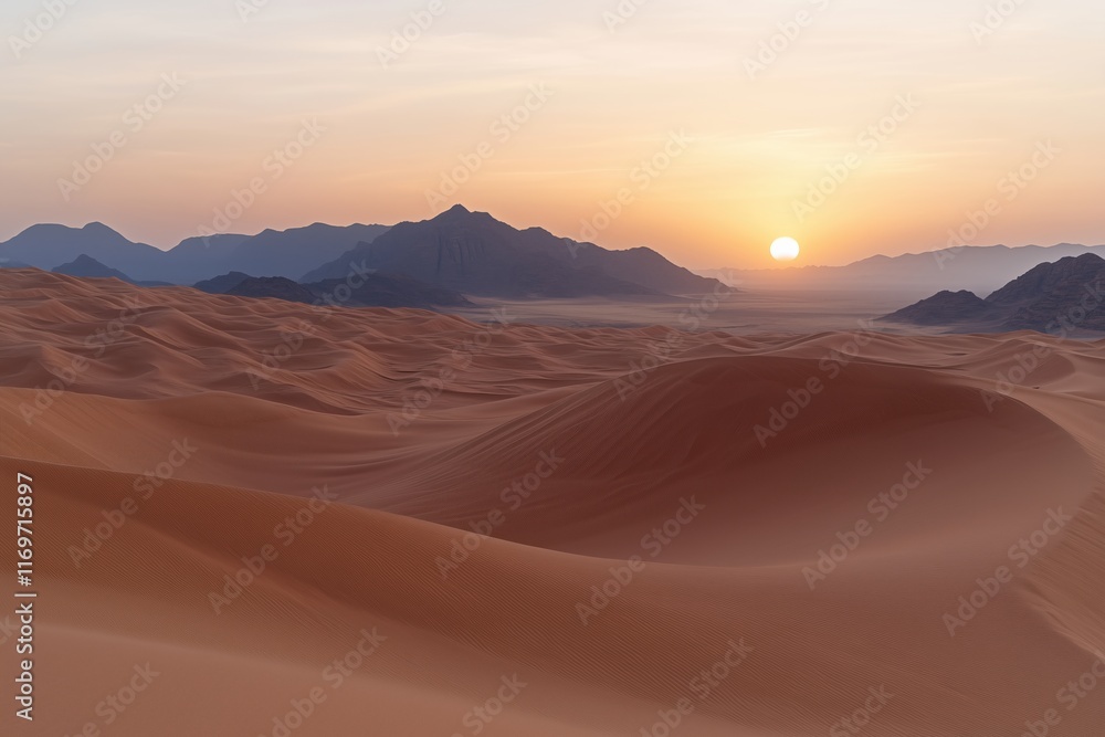 Golden sand dunes at sunset with mountains in the background. natural beauty and desert landscapes Golden sand dunes at sunset with mountains in the background. natural beauty and desert landscapes