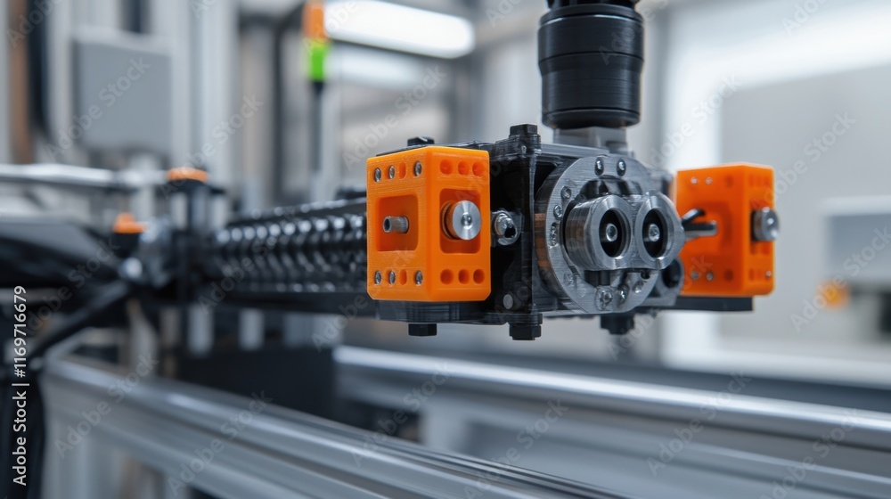 A closeup of a 3Dprinted robotic part resting on a calibration station highlighting the fine details and textures of the additive manufacturing process. A closeup of a 3Dprinted robotic part resting on a calibration station highlighting the fine details and textures of the additive manufacturing process.