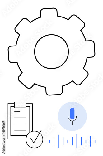 Gear for settings, checklist with a check mark, voice input symbol with sound waves. Ideal for productivity, automation, workflow, task management, technology, voice recognition abstract line flat