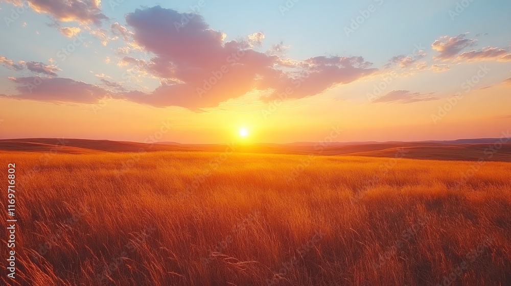 Sunset over a golden field with vibrant skies. Sunset over a golden field with vibrant skies.