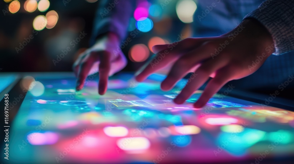 Fototapeta premium A pair of hands skillfully navigating a touchscreen exploring educational content that focuses on enhancing digital communication skills a employees.
