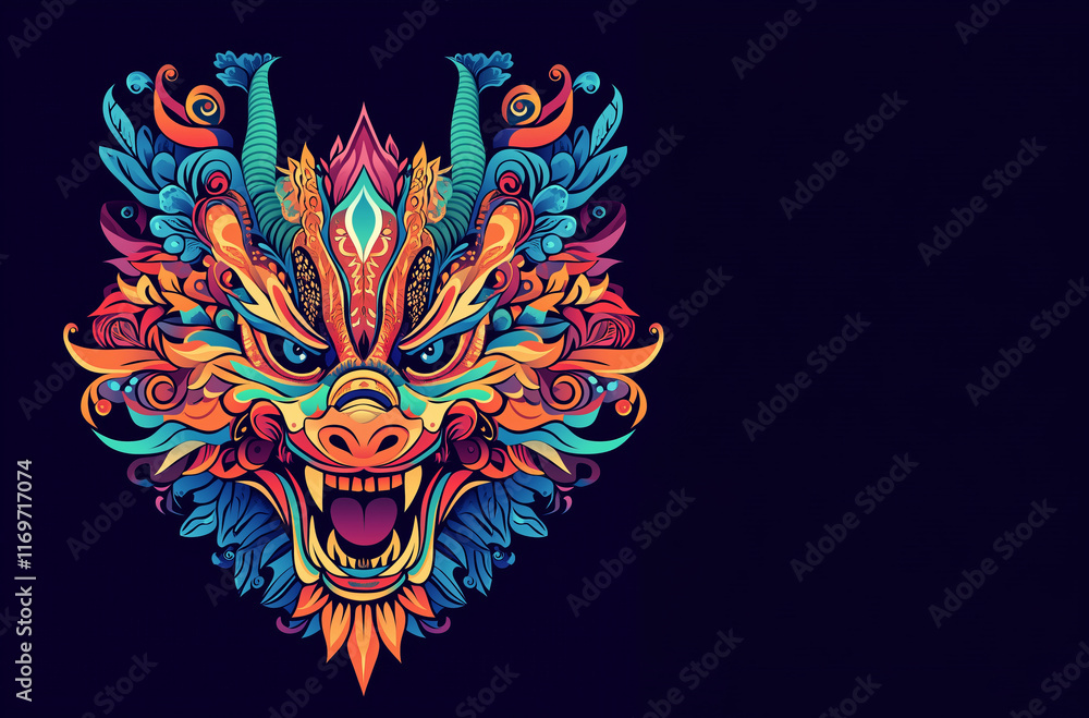 Obraz premium Abstract dragon head in a bright decorative style. The dragon is made in rich shades of red, blue, orange and yellow, with many details forming carvings on wood or paper. 