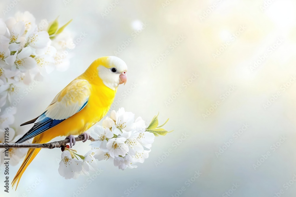 Fototapeta premium Yellow and blue parrot perched on blooming white flowers against soft pastel background. Tropical and floral elegance.