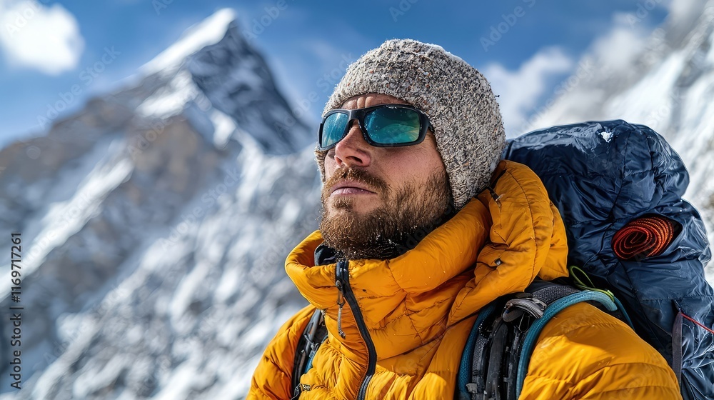 Adventurer in Warm Jacket Gazing at Snowy Mountain Landscape